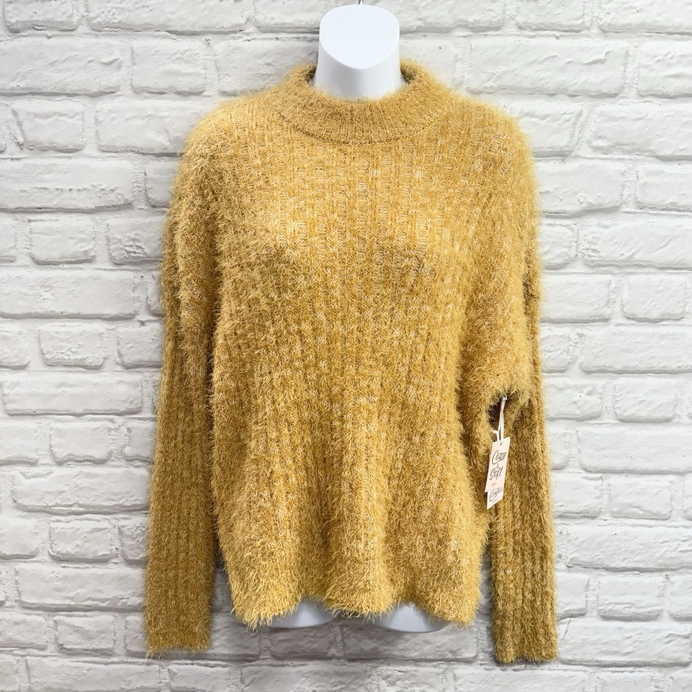 Mustard Gold Fuzzy Eyelash Sweater XL Turtle Neck Y2K Grunge Punk Cozy‎ Crop Top